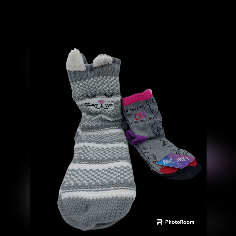 Jacques Moret Cat Slipper Socks and 2 Pairs Crew Socks Women's Sock Size 9-11 NW - Picture 2 of 7